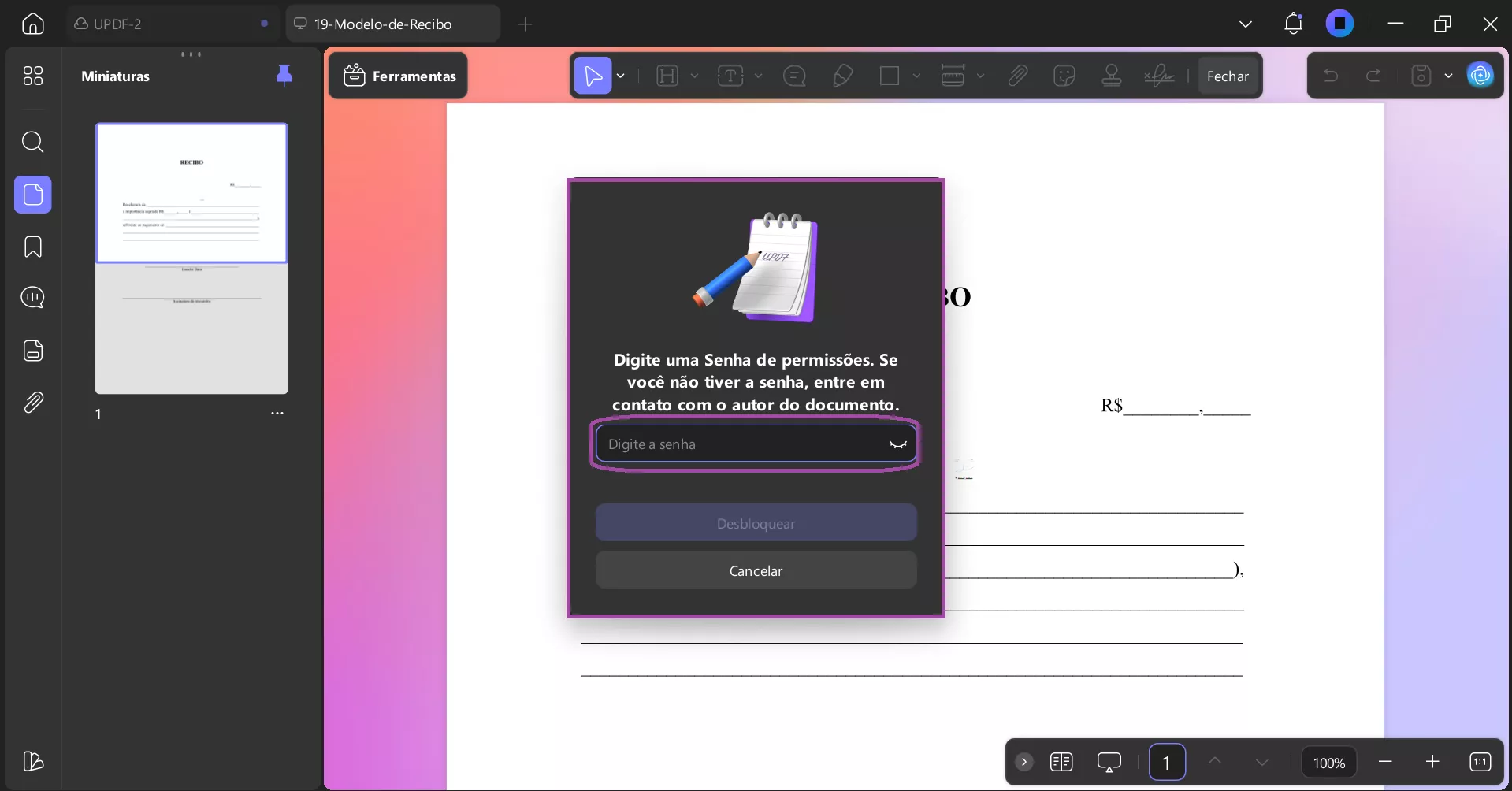 Desbloquear a senha de permissão no UPDF para Windows