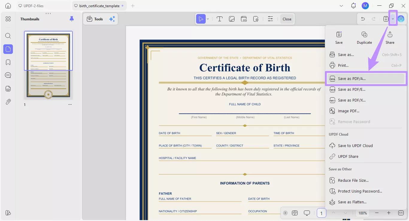 select to save as pdf/a