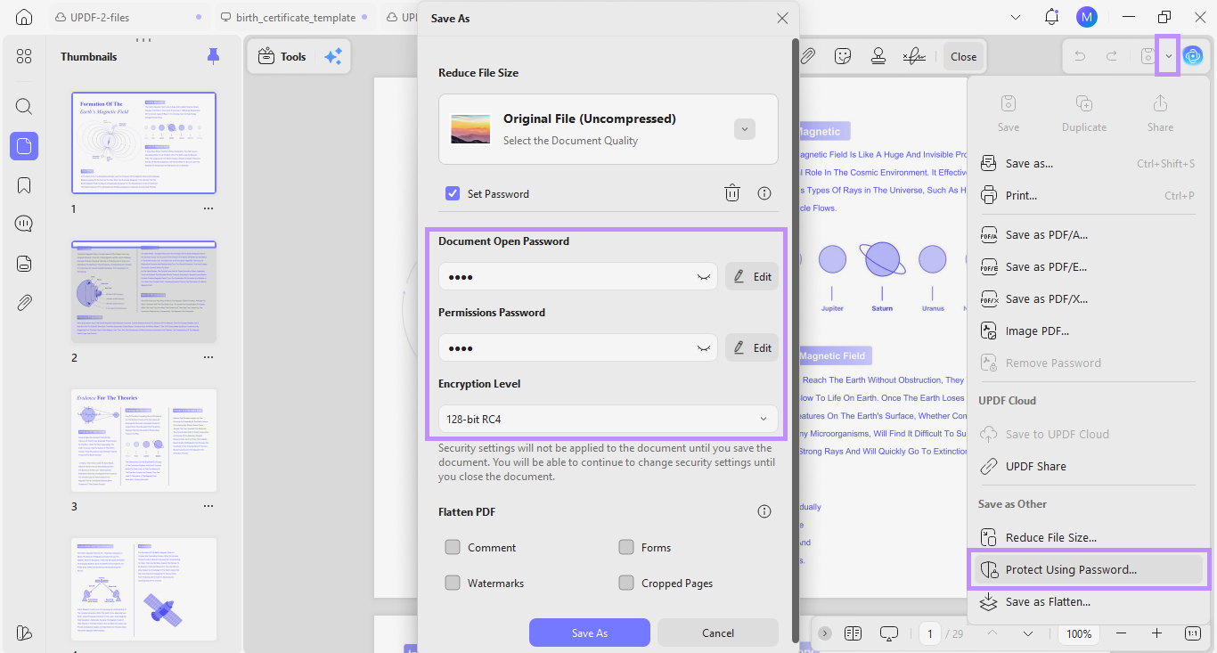 select protect using password
