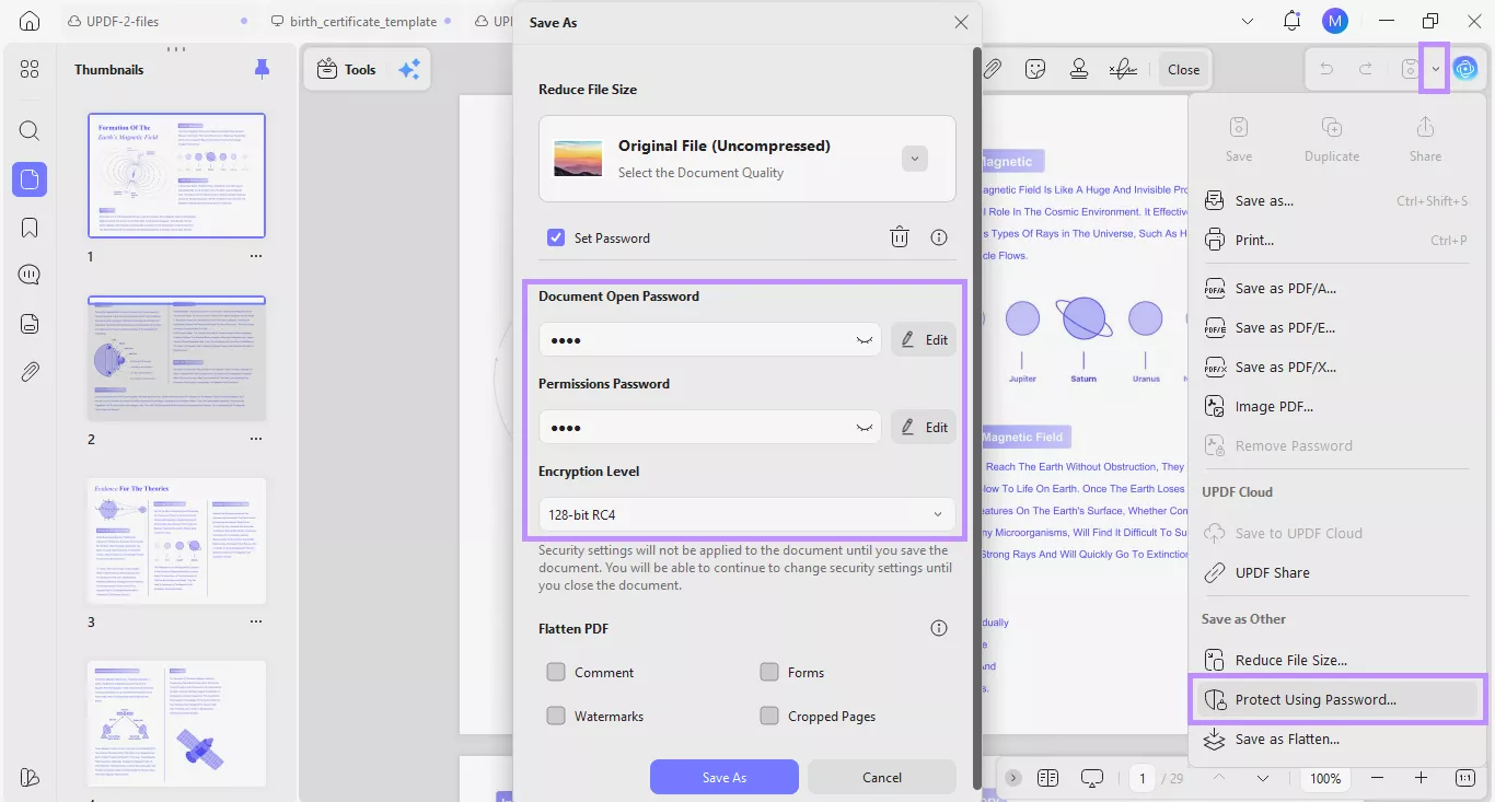 select protect using password