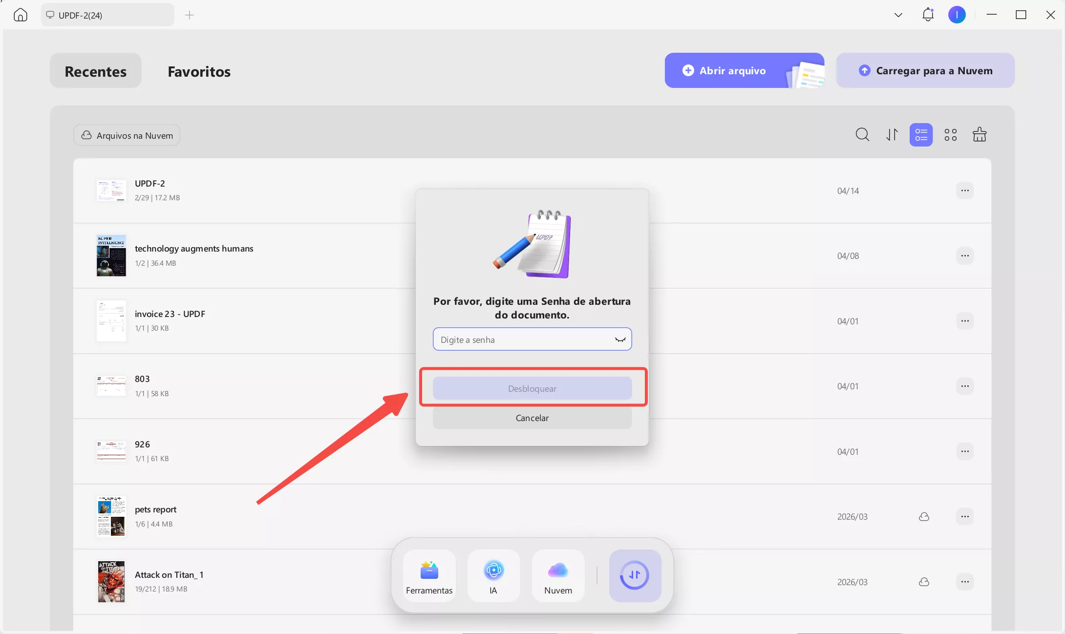 Insira a senha de abertura no UPDF para Windows