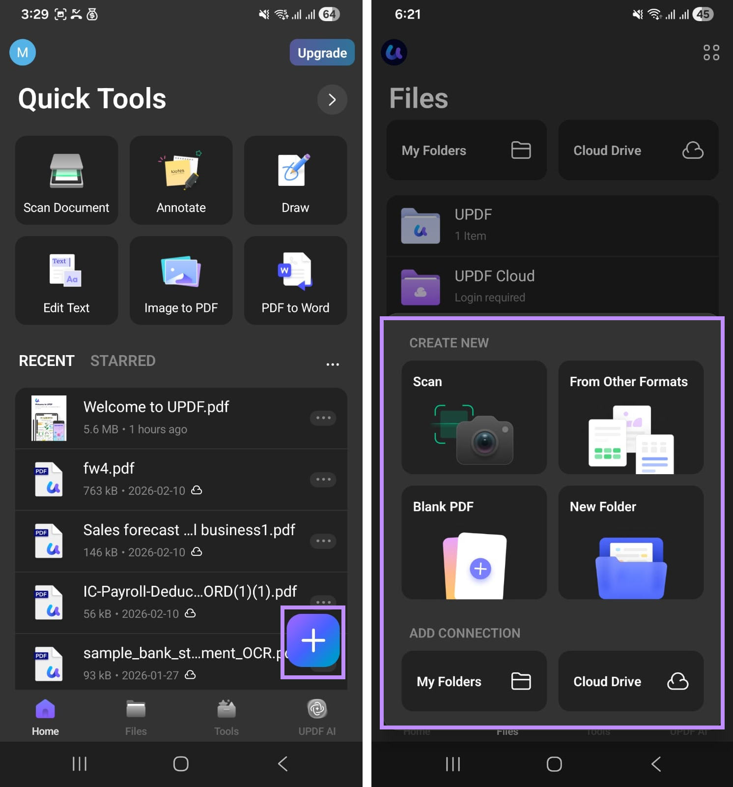 options to create or import pdfs