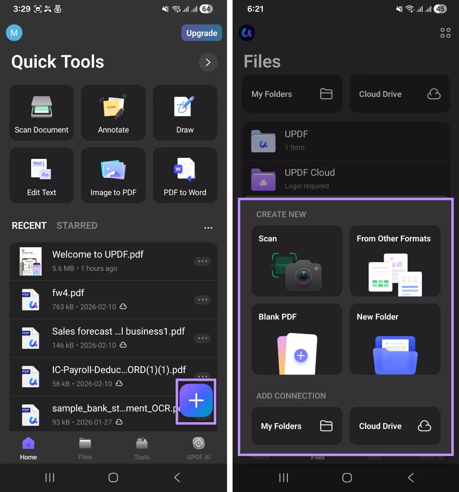 options to create or import pdfs