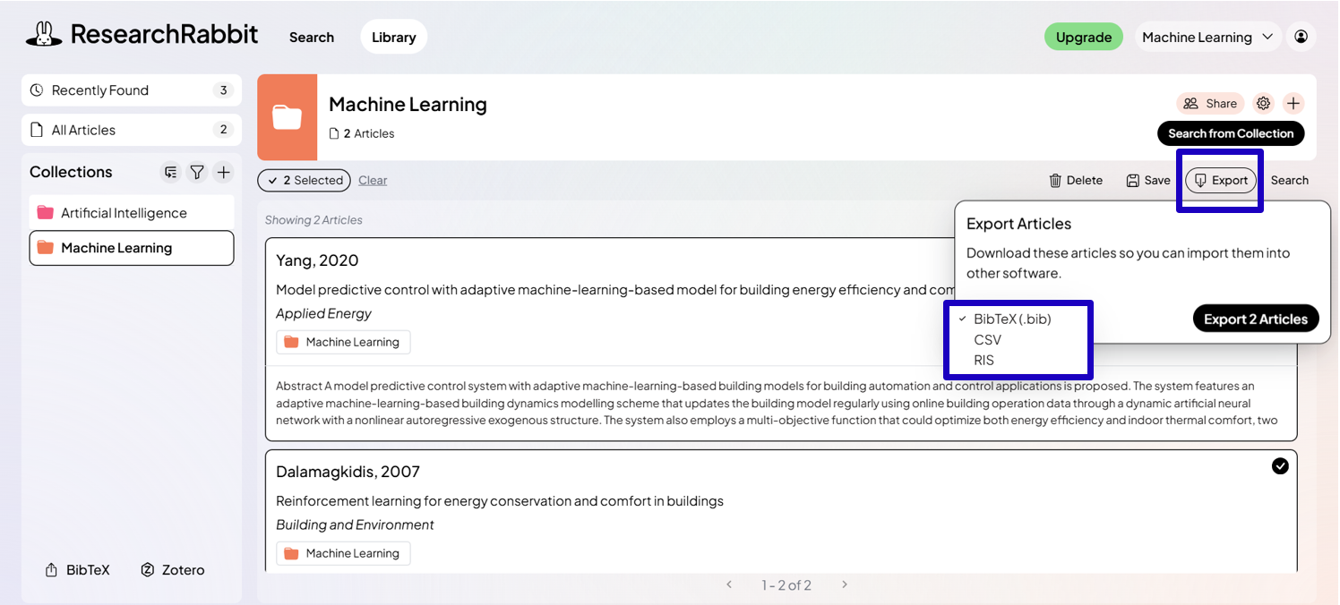 exports options in researchrabbit