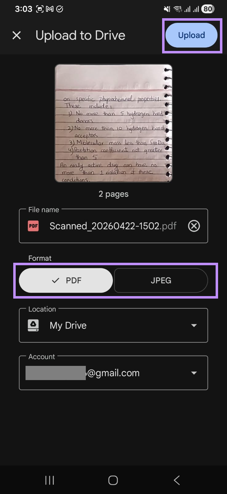 choose and export format and tap upload