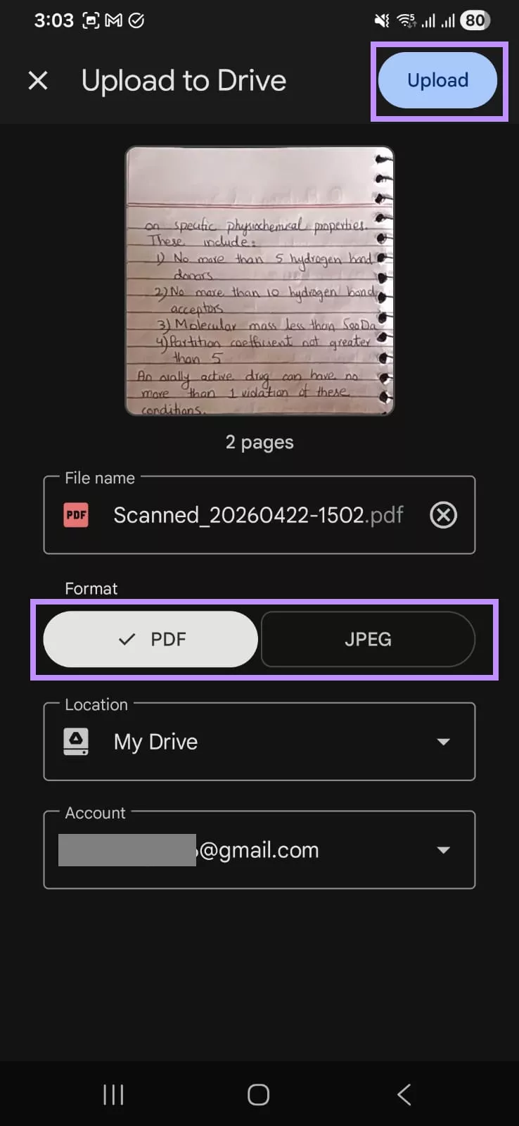 choose and export format and tap upload