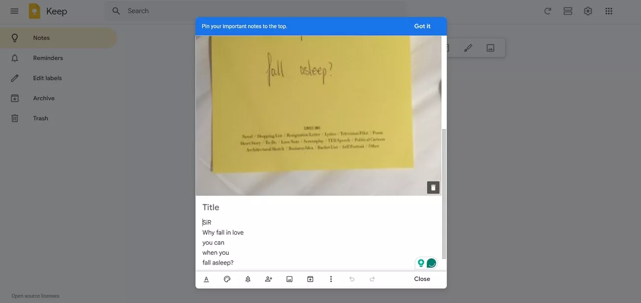 google keep ocr extract handwritten text