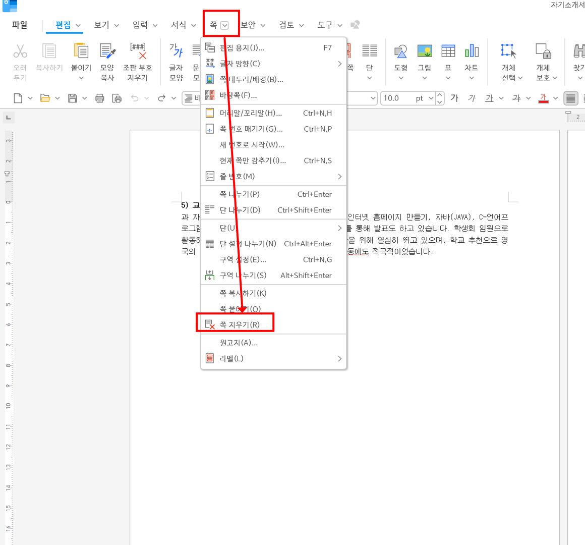 한글 hwp 페이지 삭제