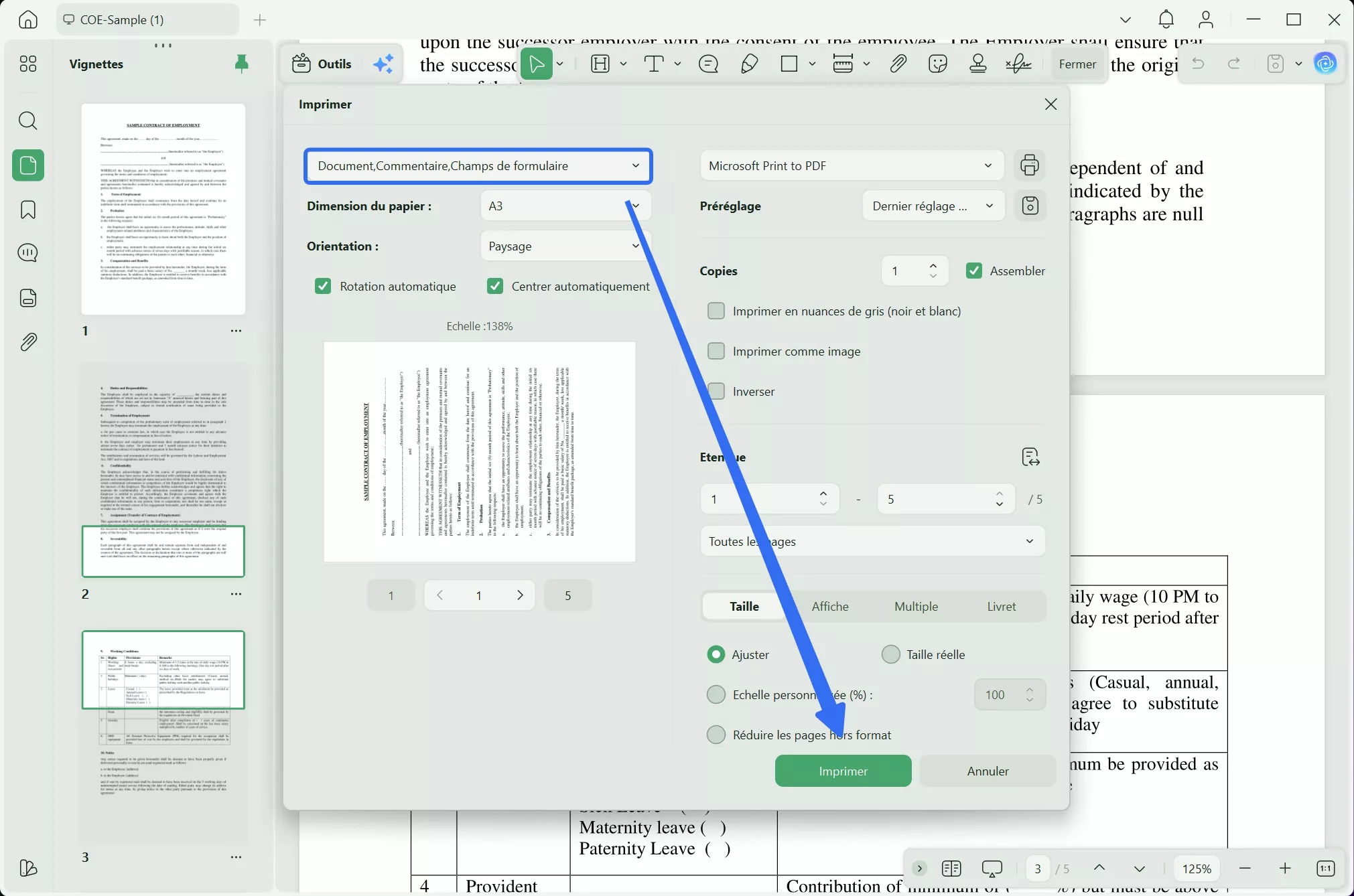Paramètres d'impression des fenêtres updf