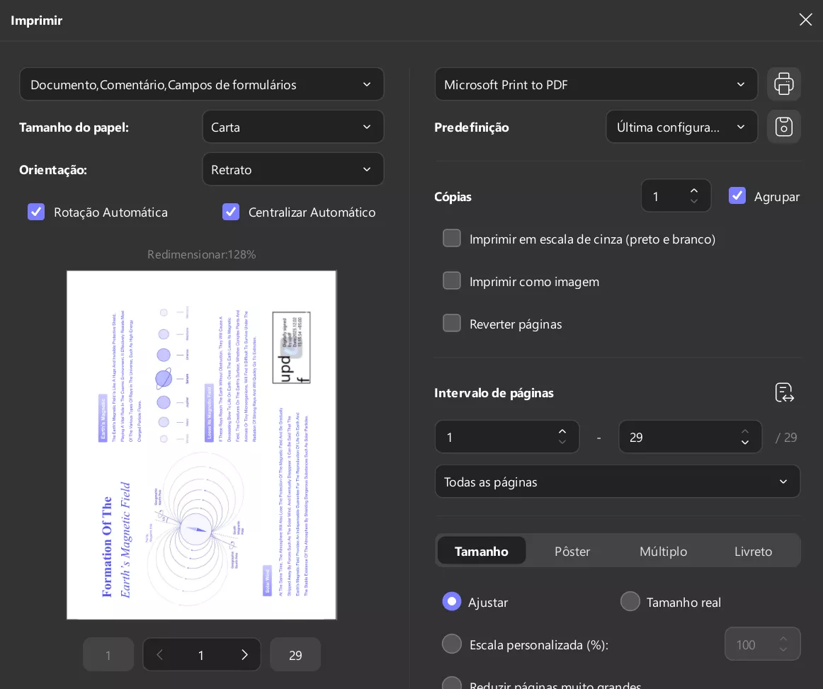 Imprimir PDF com números de página e configurações de impressão