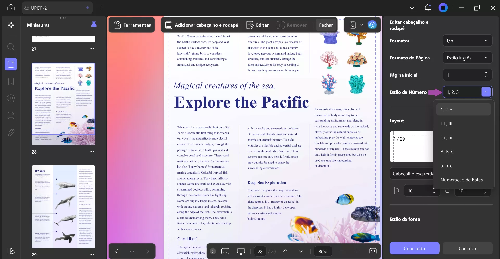 Imprimir PDF com números de página e ícone de número de página