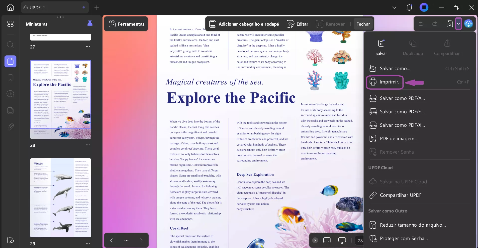 Imprimir PDF com números de página e imprimir arquivo
