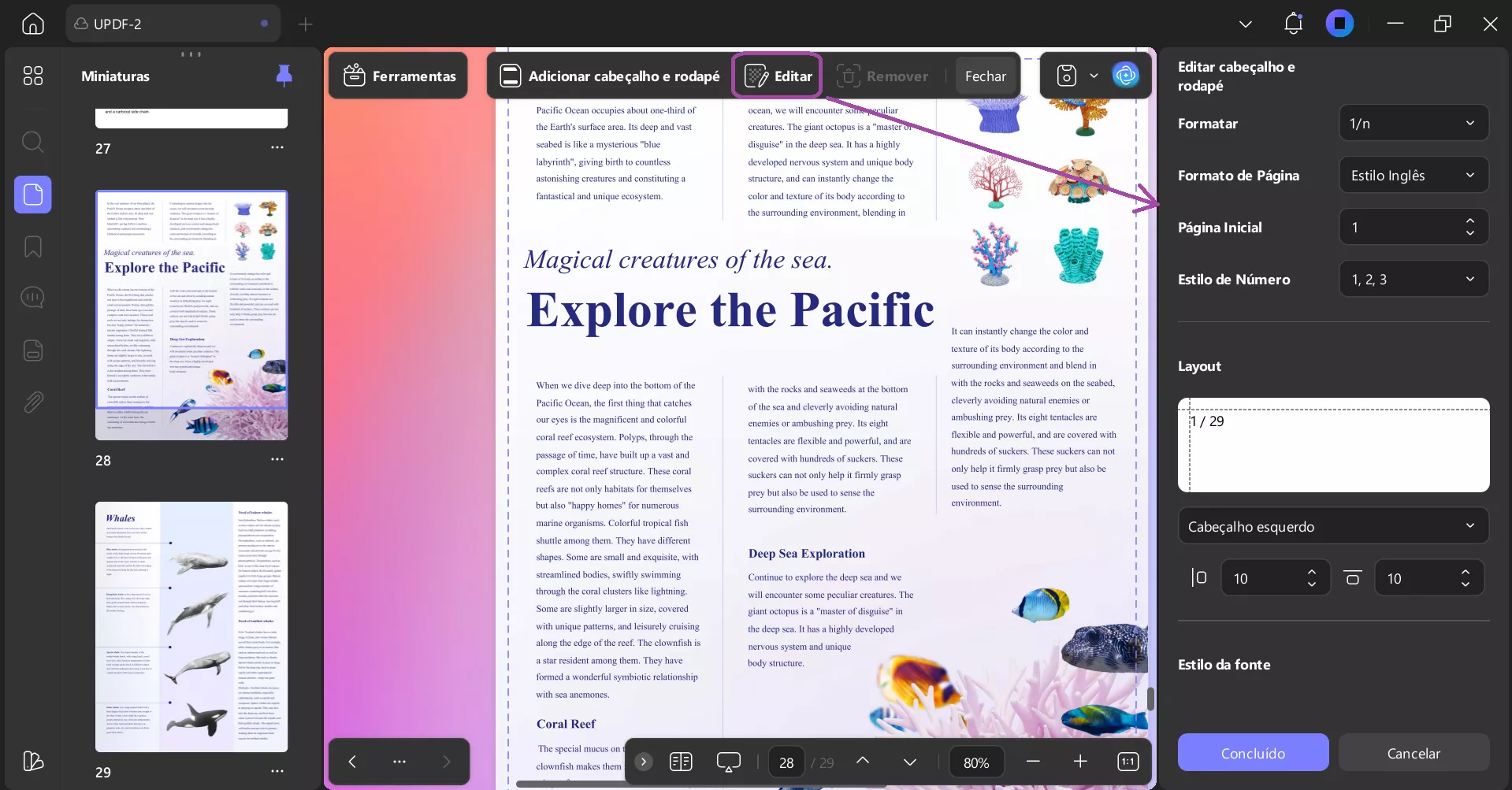 Imprimir PDF com números de página e layout