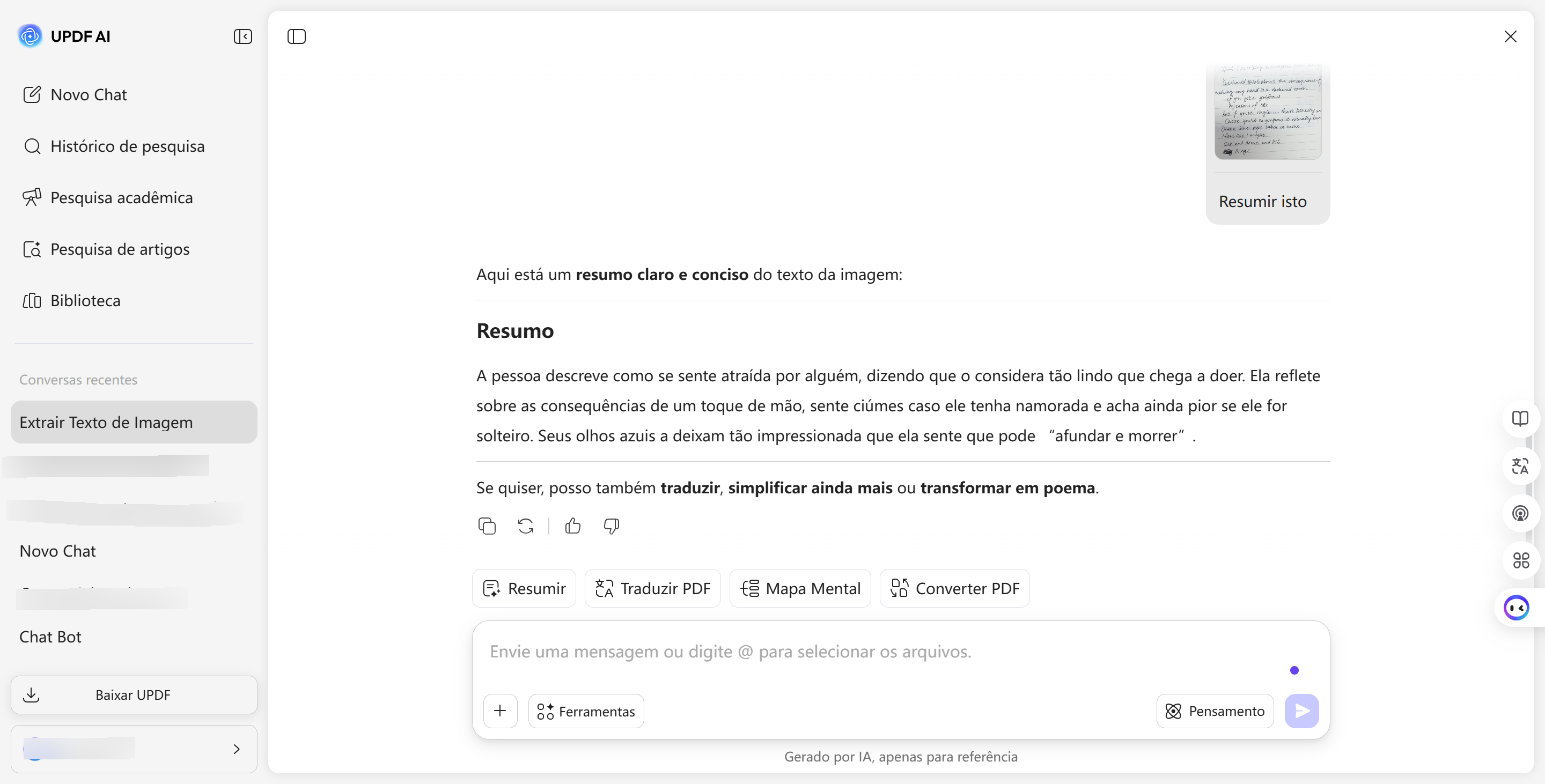 resumir texto extraído — UPDF AI