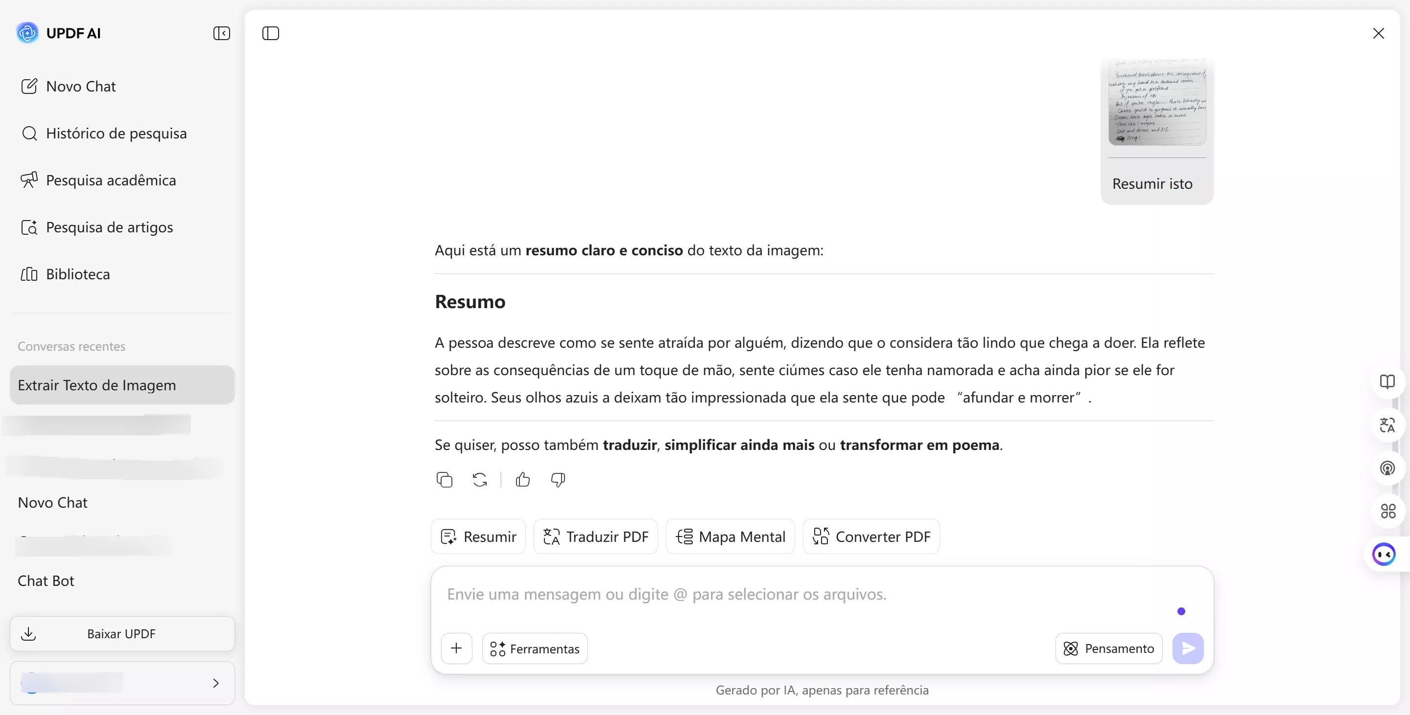 resumir texto extraído — UPDF AI