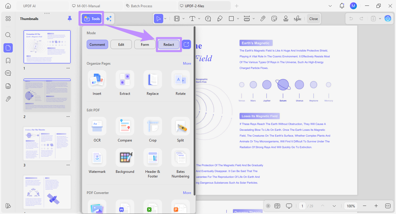 select redact under tools
