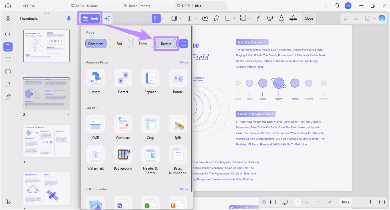 select redact under tools