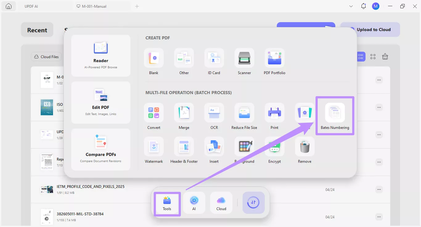  select bates numbering under tools