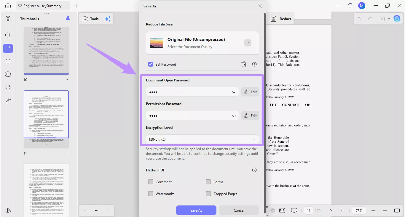 password protection in updf