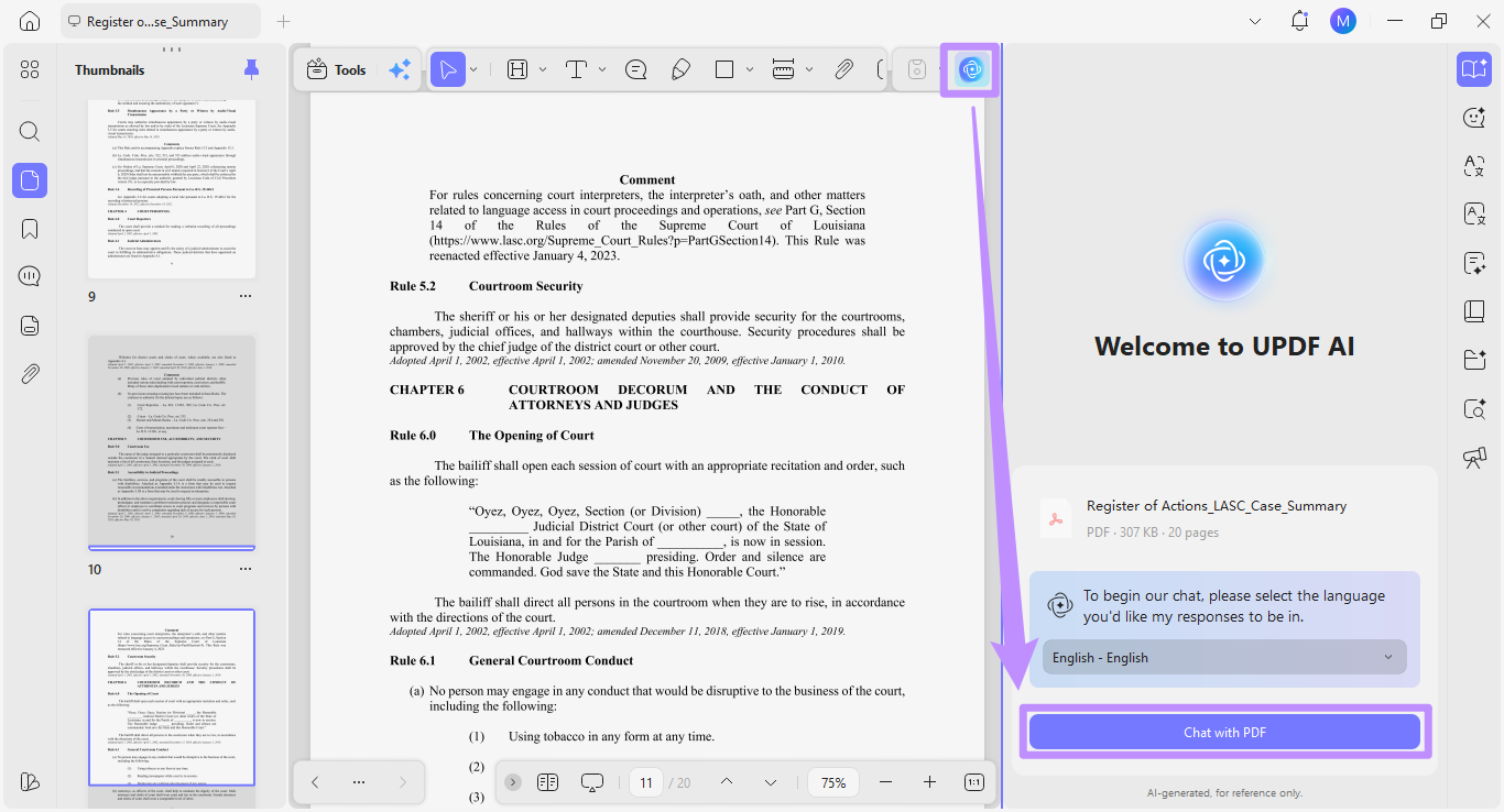 click on chat with pdf under updf ai