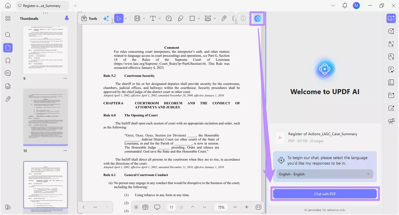 click on chat with pdf under updf ai