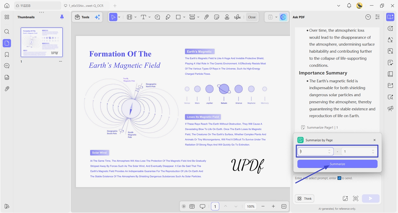 summarize pdf by page updf ai