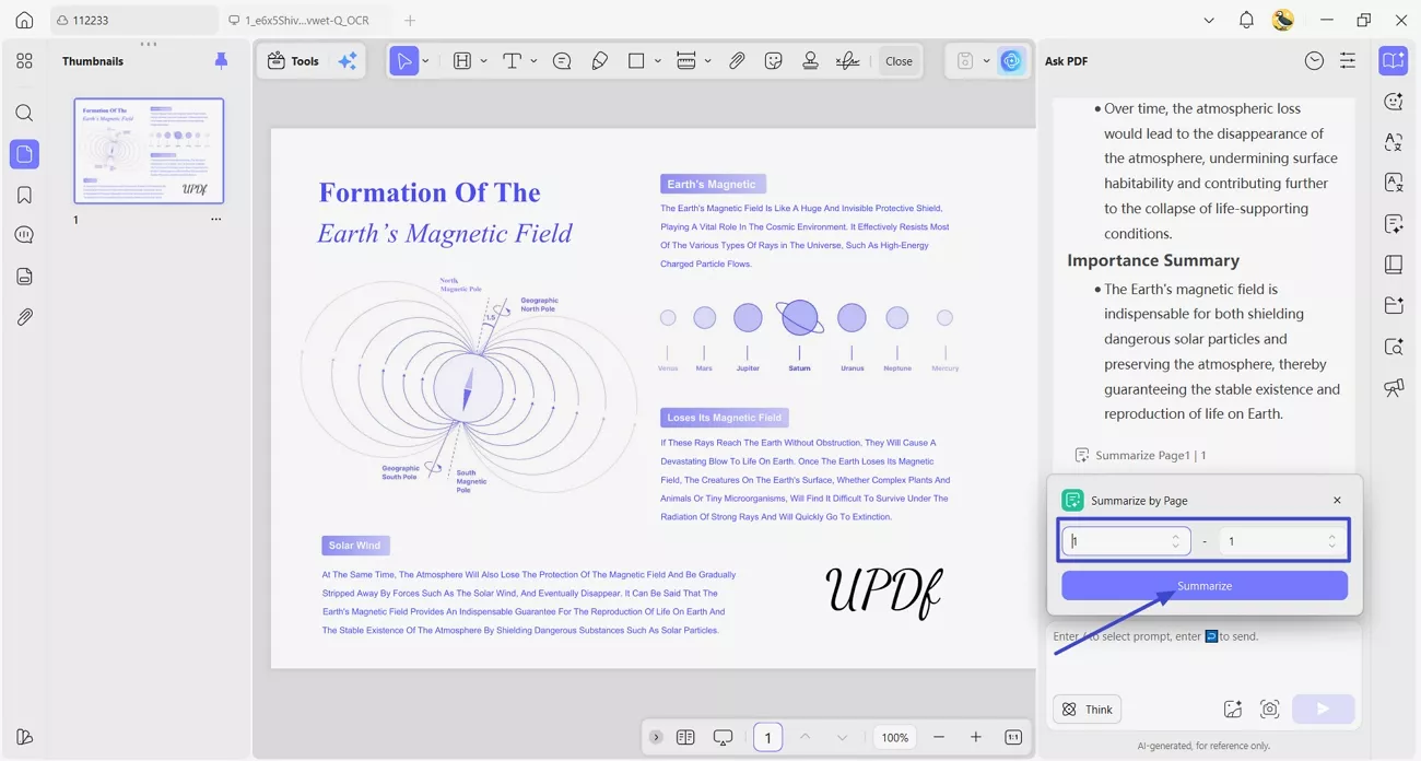 summarize pdf by page updf ai