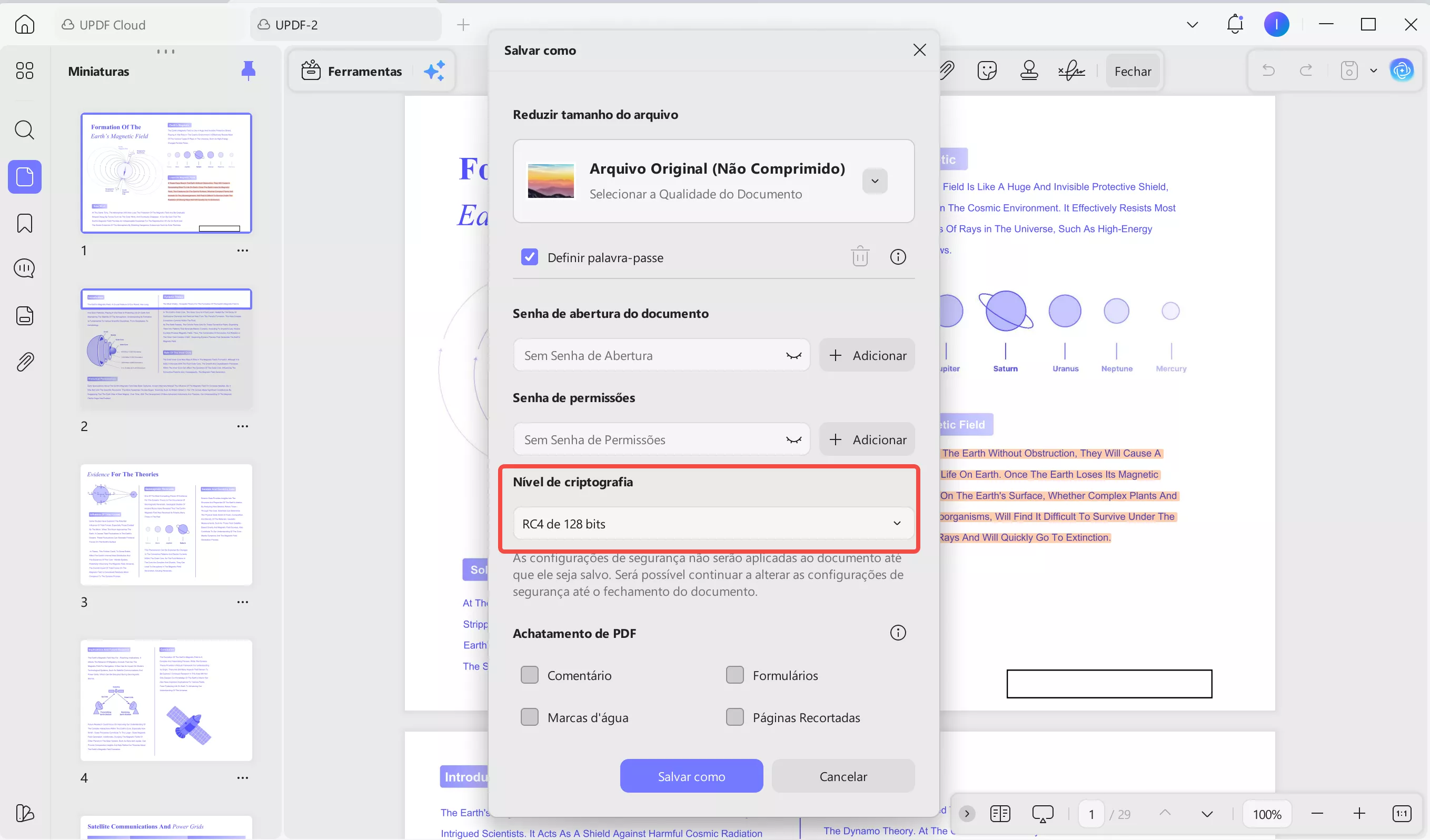 Escolha um nível de criptografia e clique em salvar como.