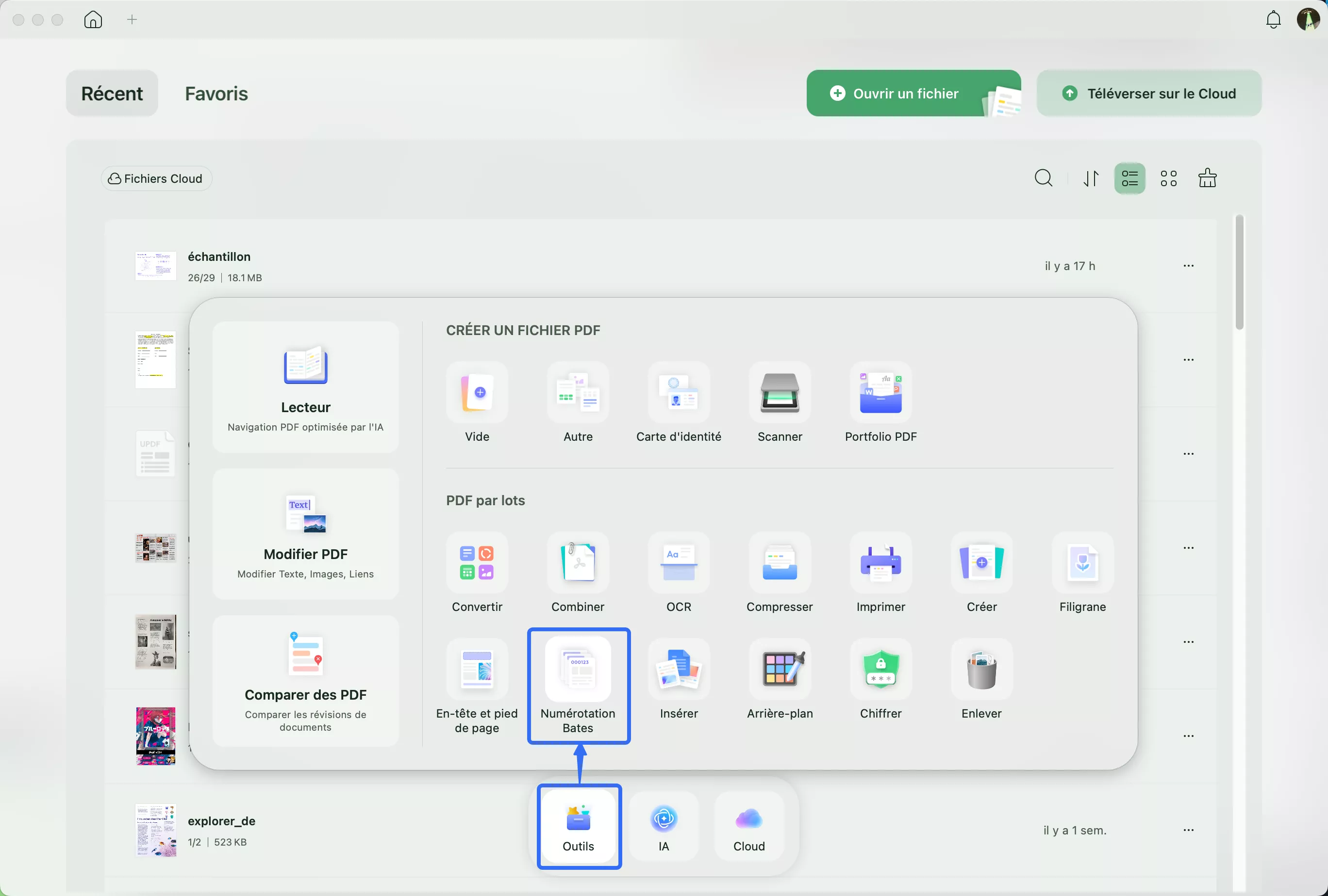 Accéder à la fonctionnalité de numérotation Bates