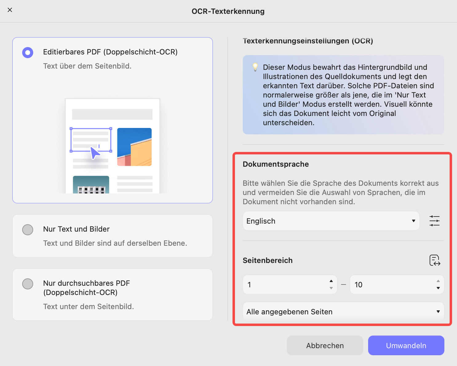 Definieren Sie die Dokumentensprache und die Bildauflösung