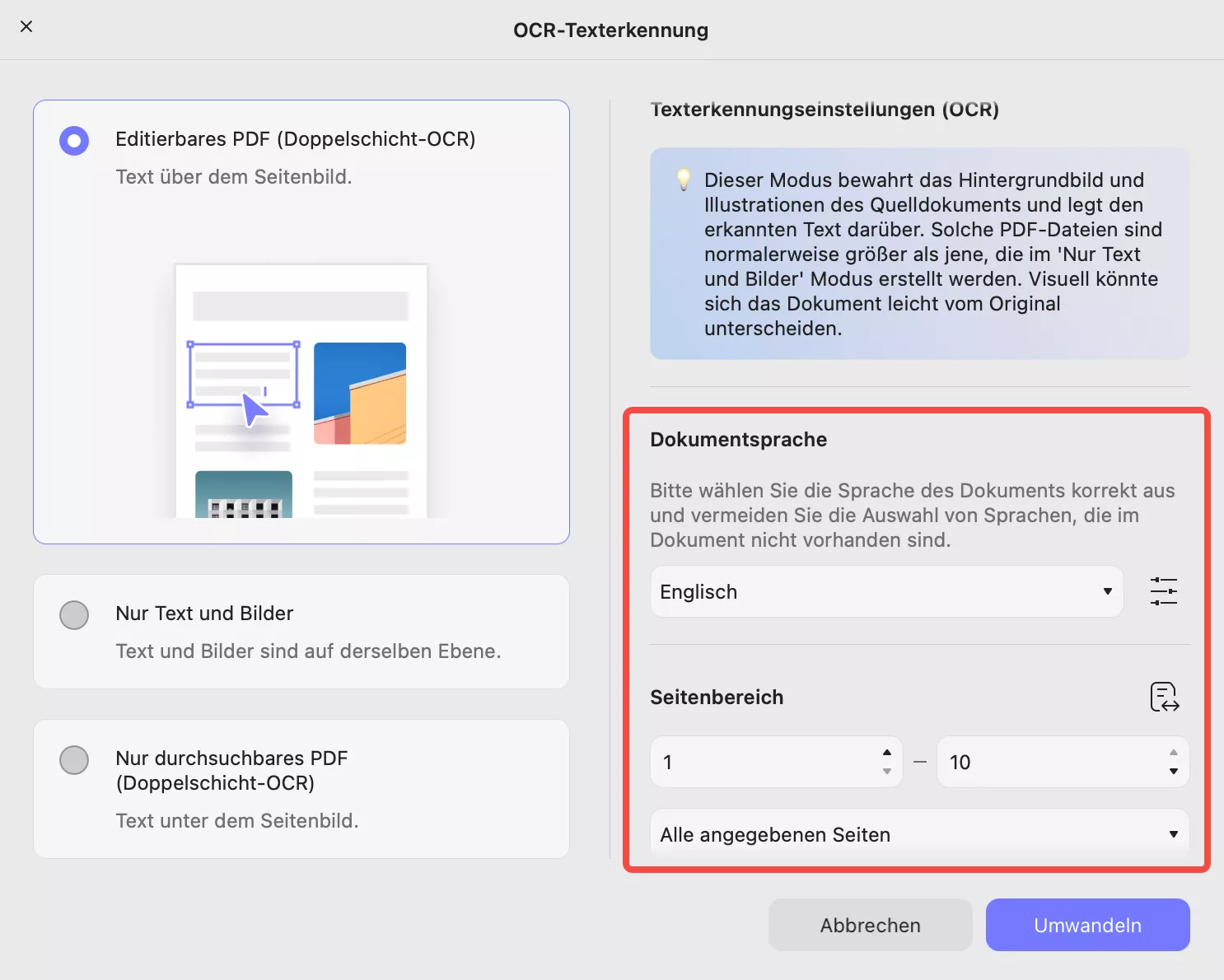 Definieren Sie die Dokumentensprache und die Bildauflösung
