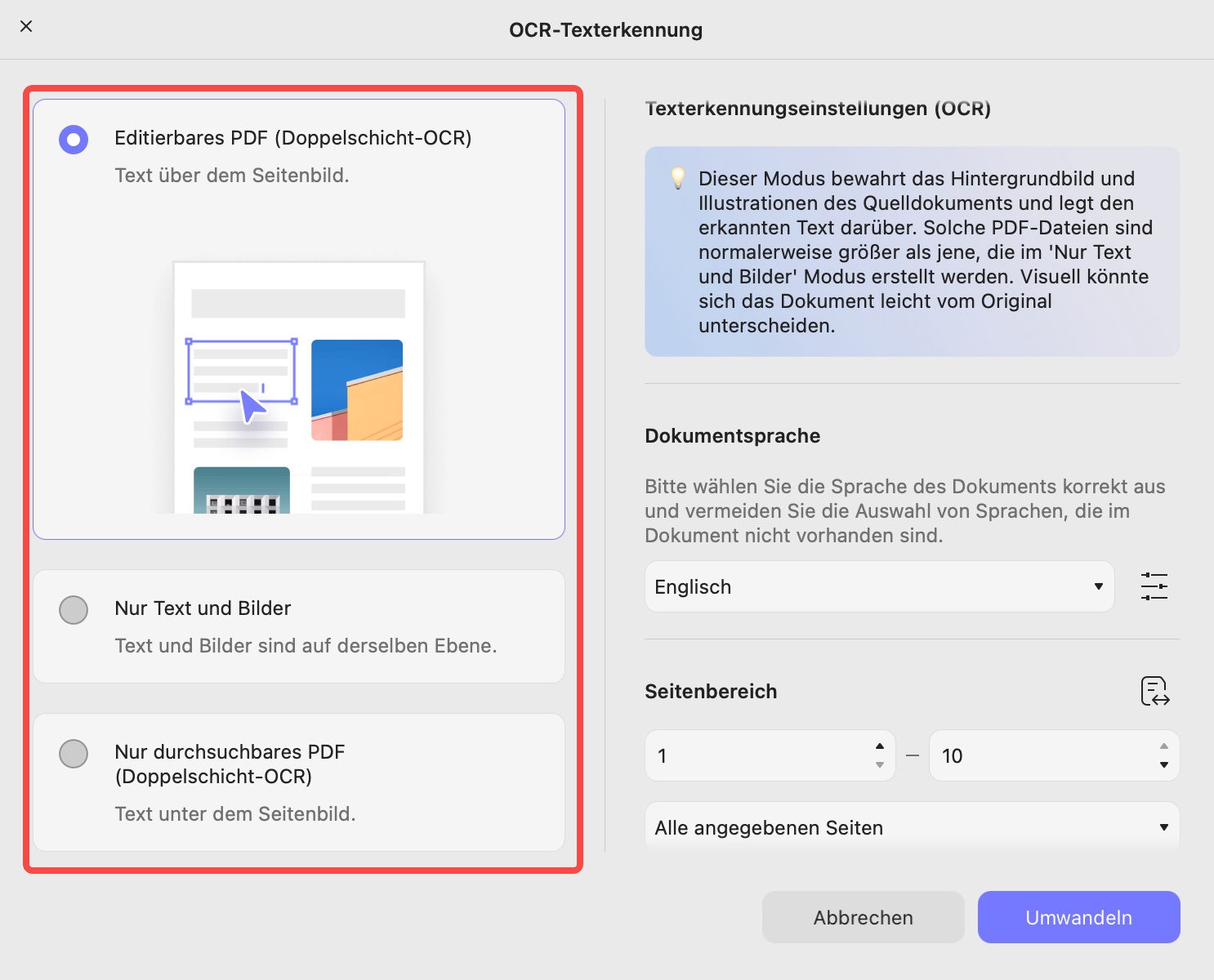 Wählen Sie Dokumententyp und Dokumentenlayout