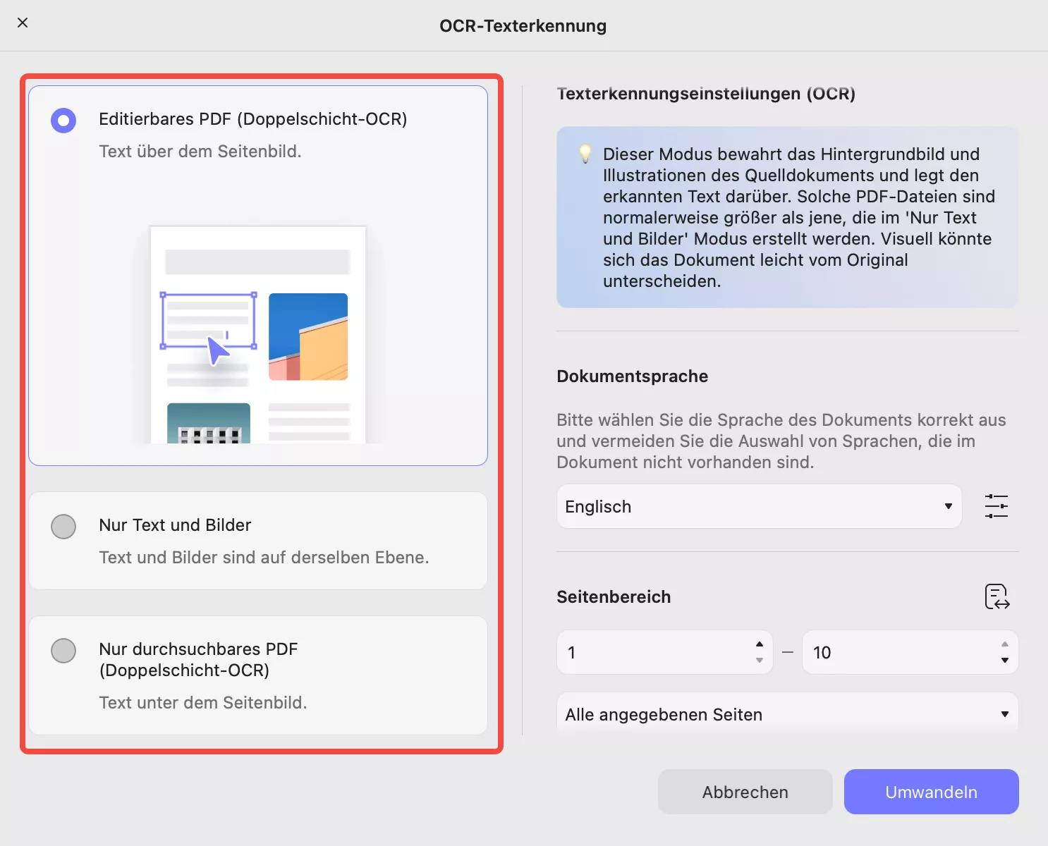 Wählen Sie Dokumententyp und Dokumentenlayout