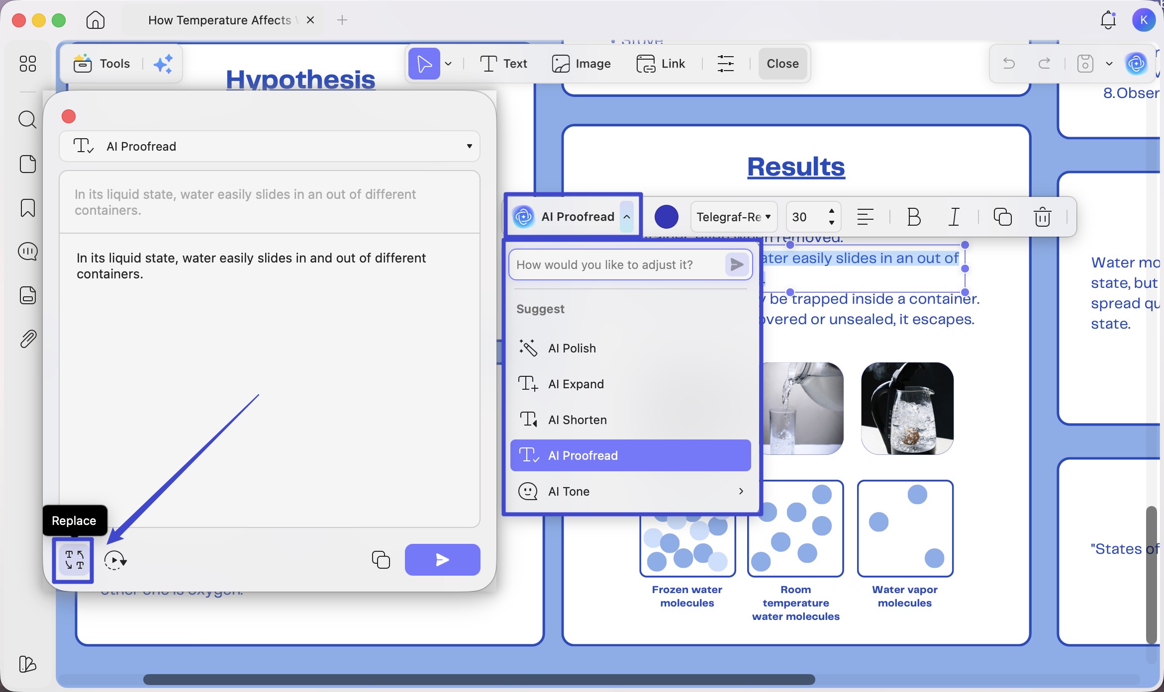one click replece the text in research poster