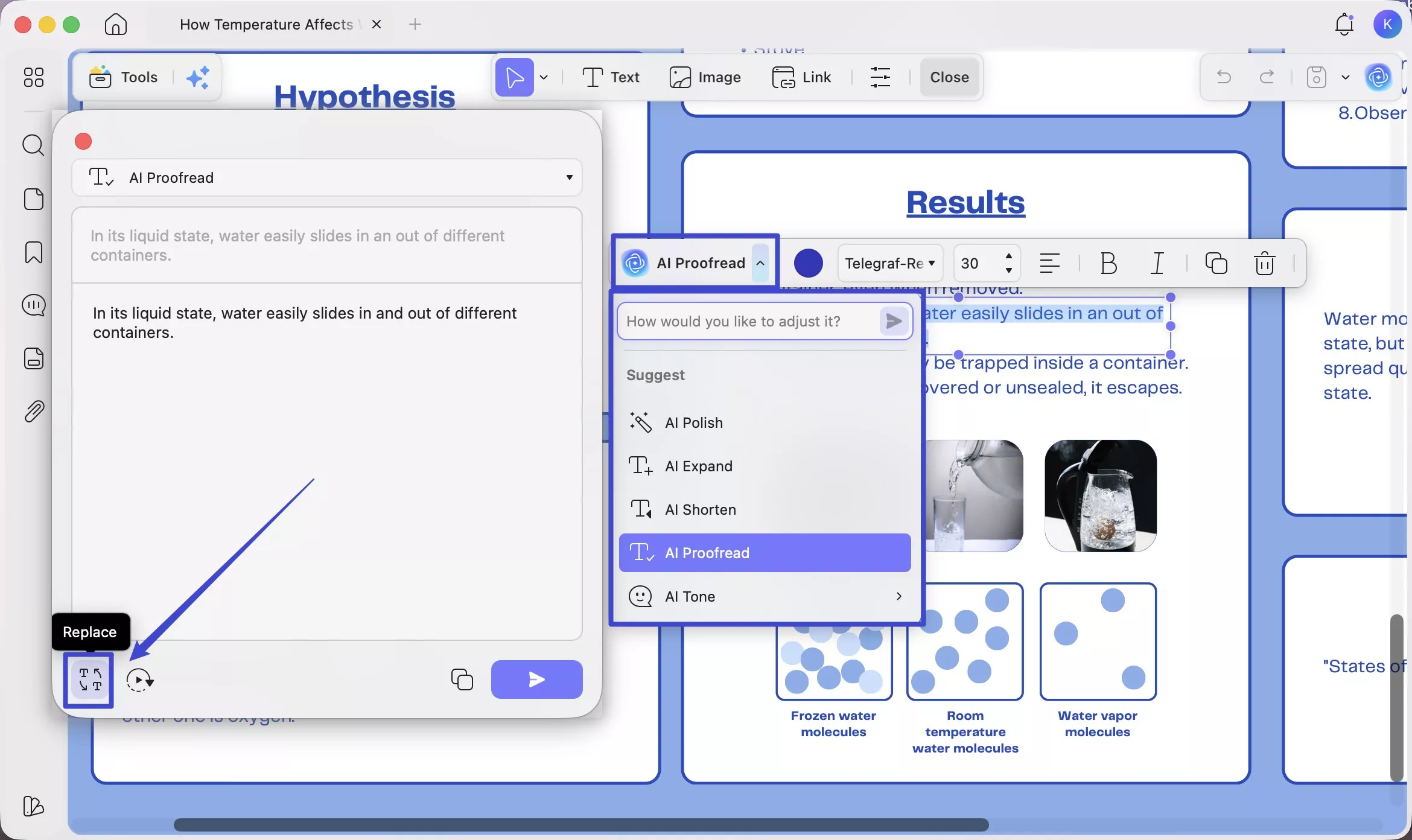 one click replece the text in research poster