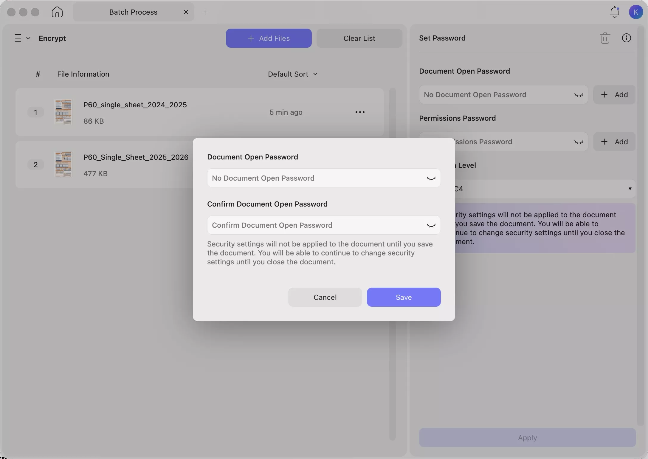 encrypt batch pdf files p60 forms