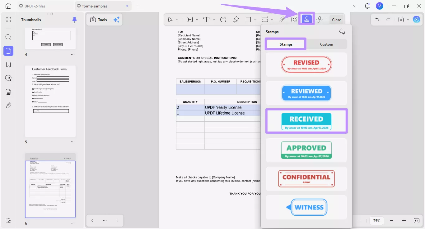 choose a preset under stamps