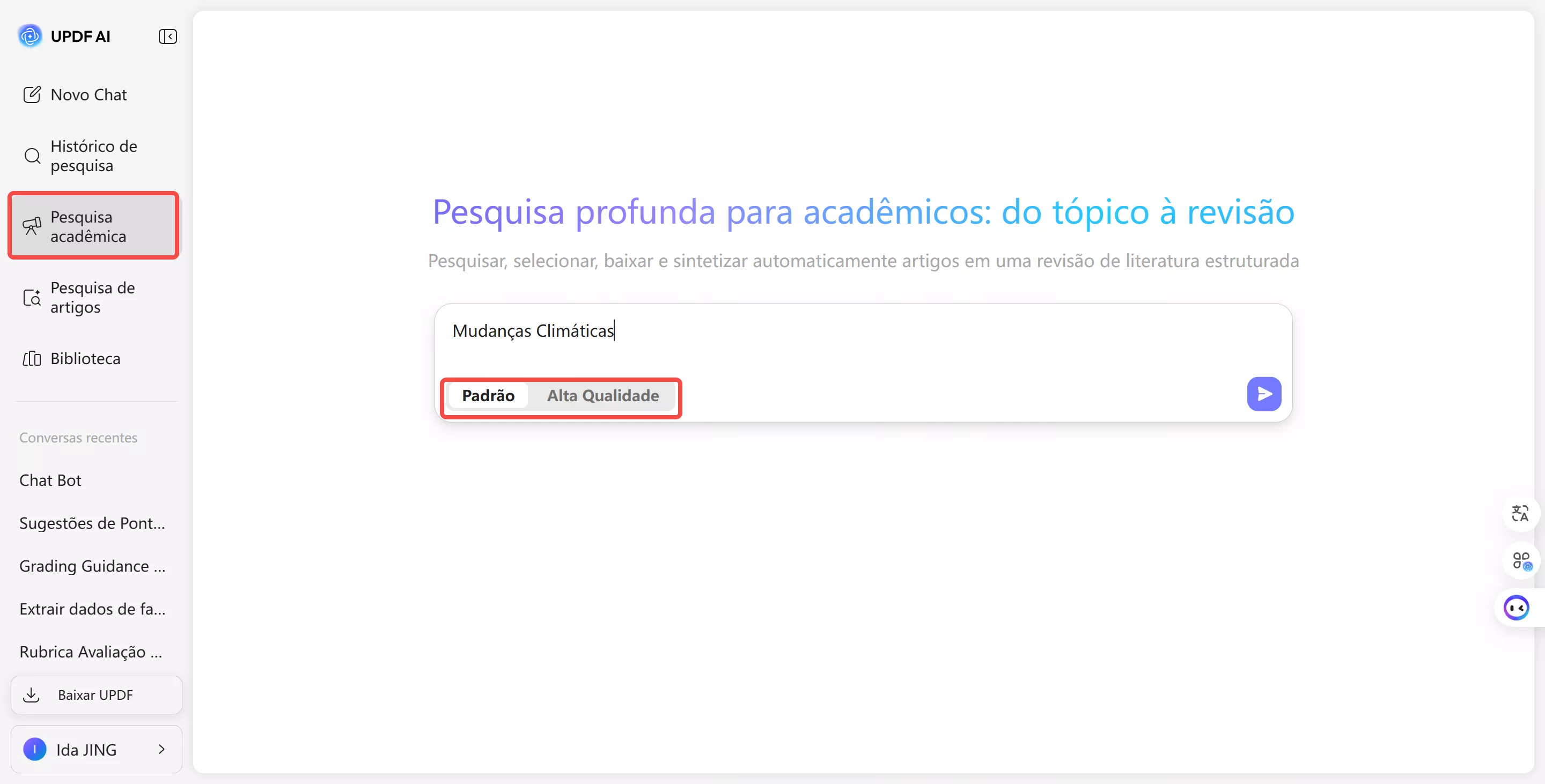 Selecionar a alta qualidade com agente de pesquisa de updf ia