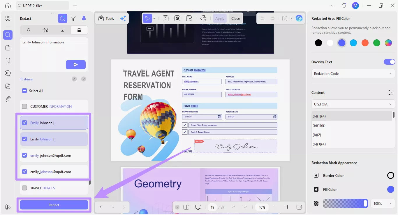 select terms and apply redaction