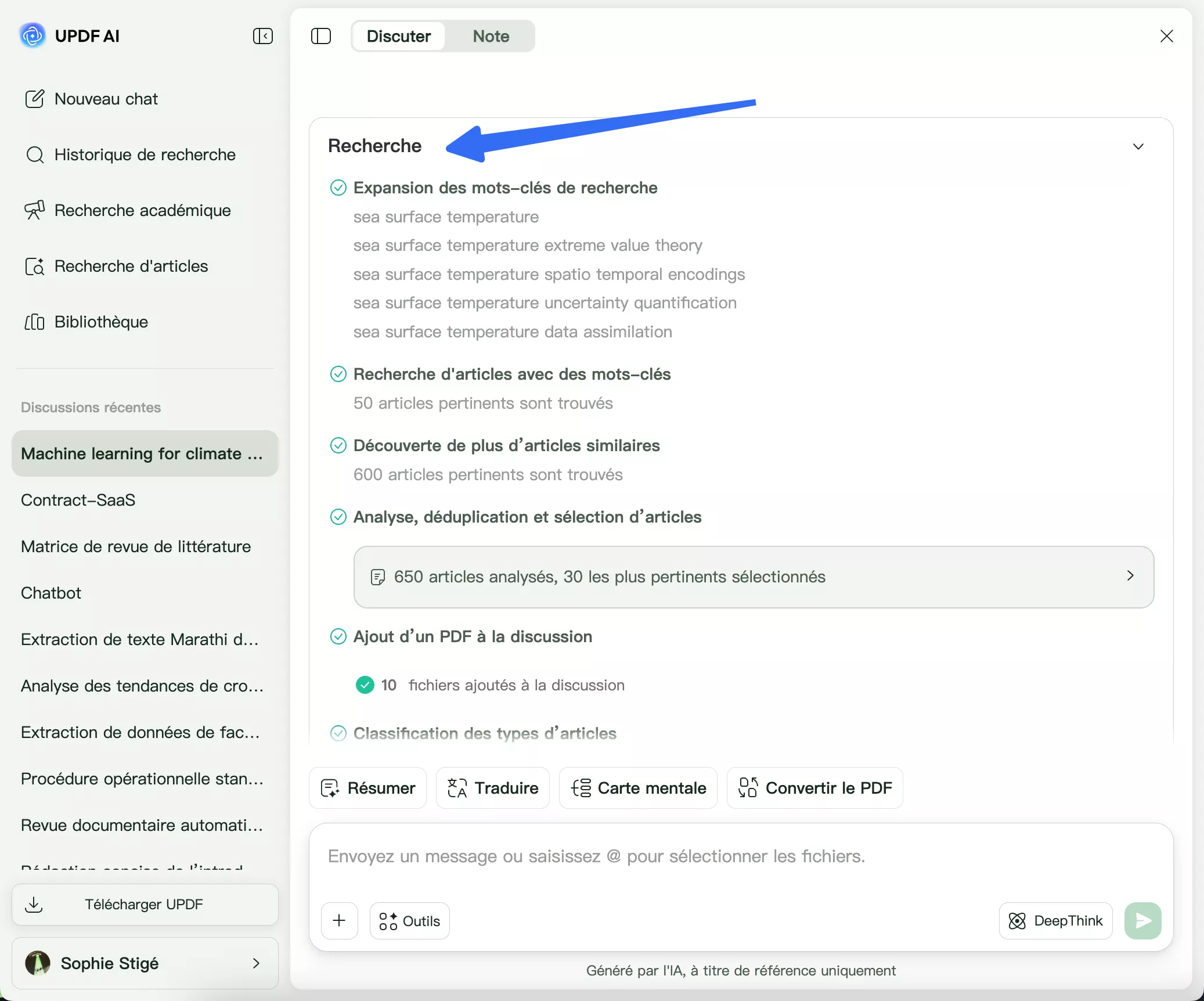 Recherche approfondie sur articles scientifiques avec UPDF AI