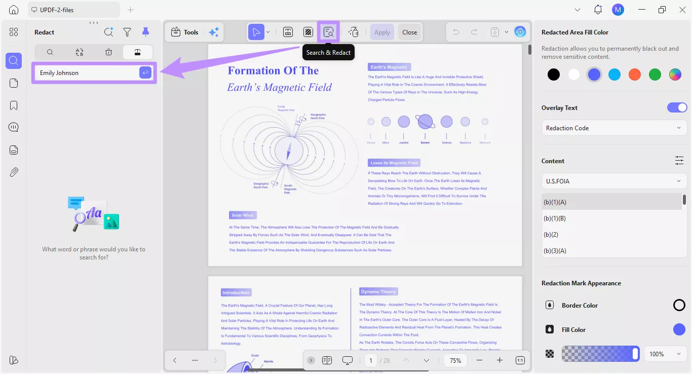  type search keywords under the search & redact tool