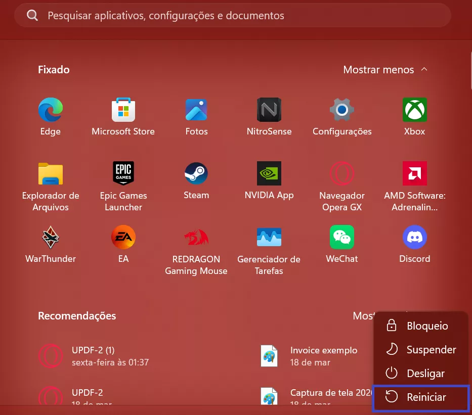 Reinicie o computador para corrigir o problema