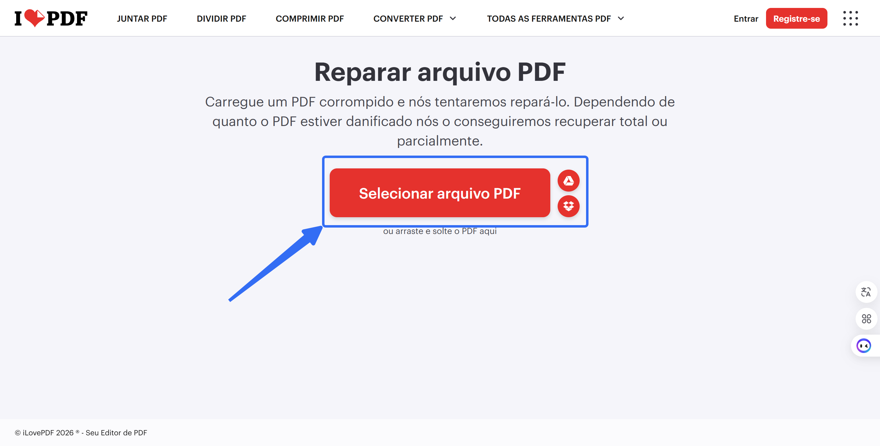 Acesse o iLovePDF e faça o upload do PDF