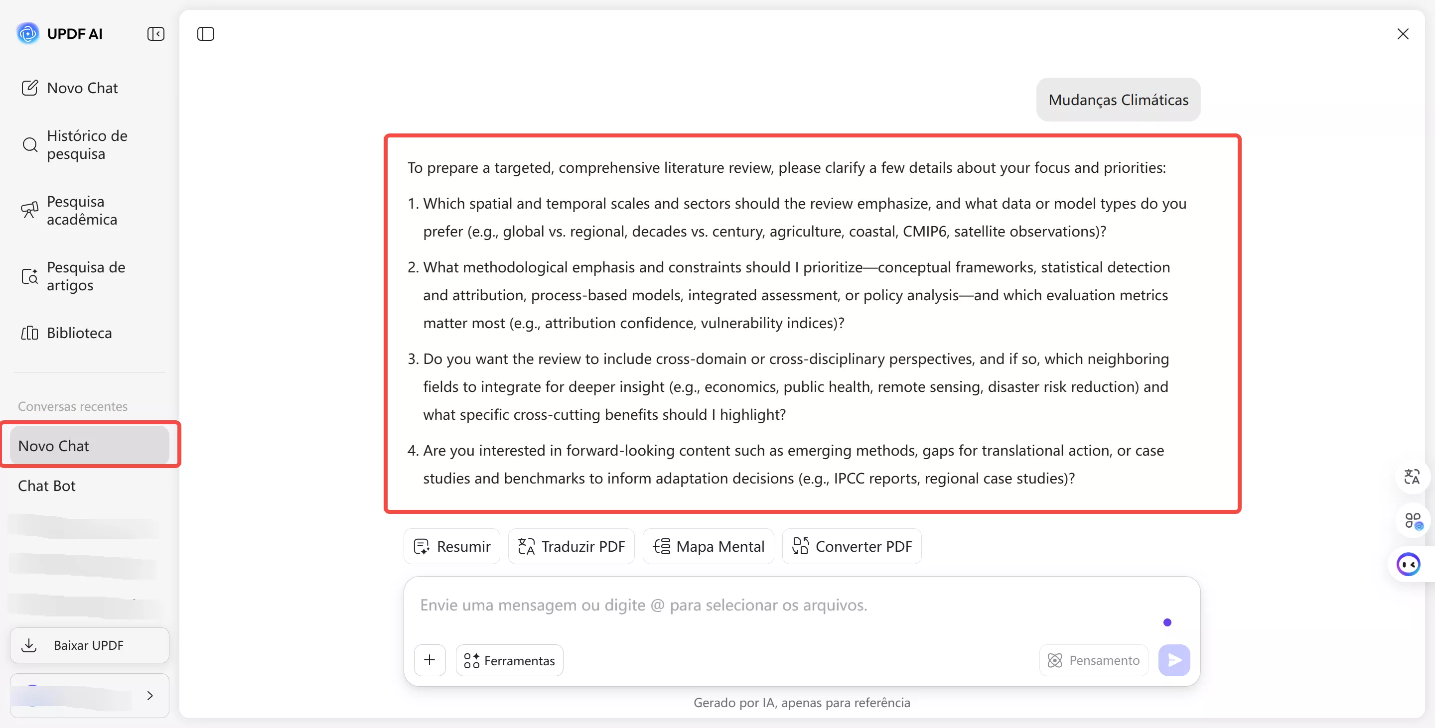 Resposta da IA do UPDF