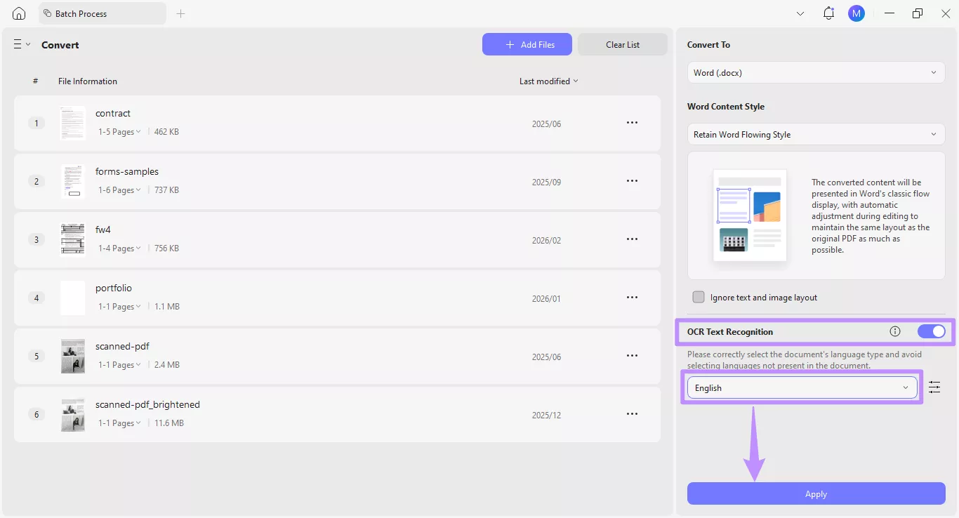 enable ocr and choose document’s language