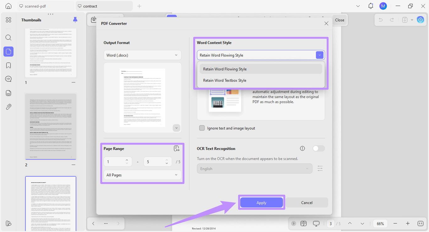 choose word content style, page range, and apply