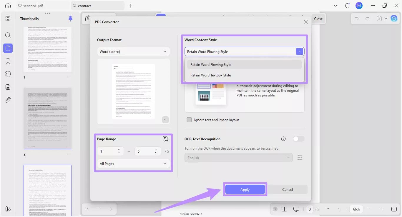 choose word content style, page range, and apply