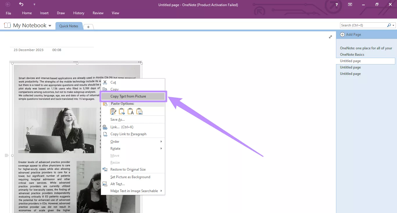  copy text from picture in onenote