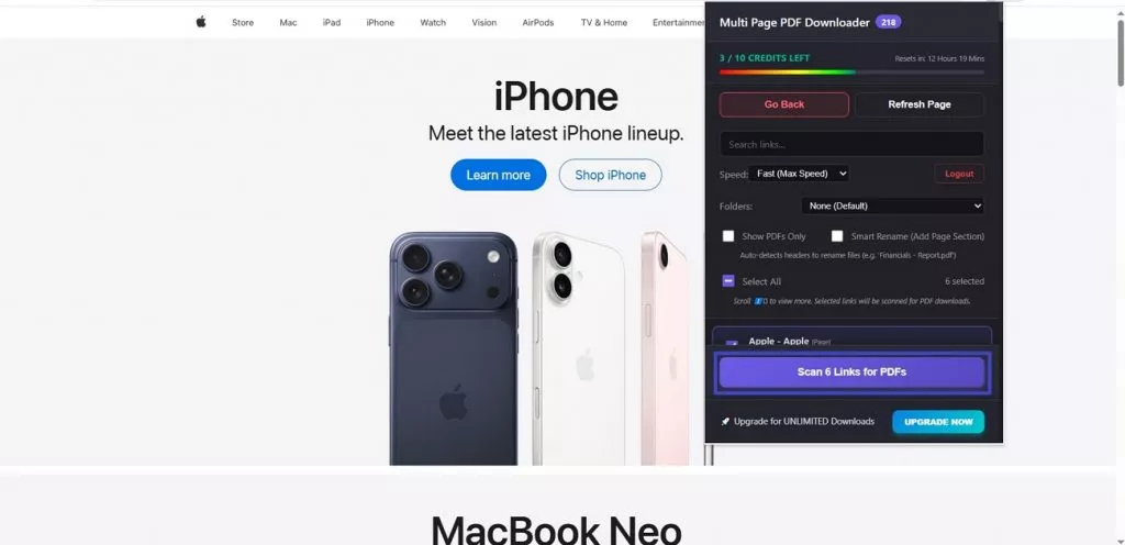 select specific urls download pdfs