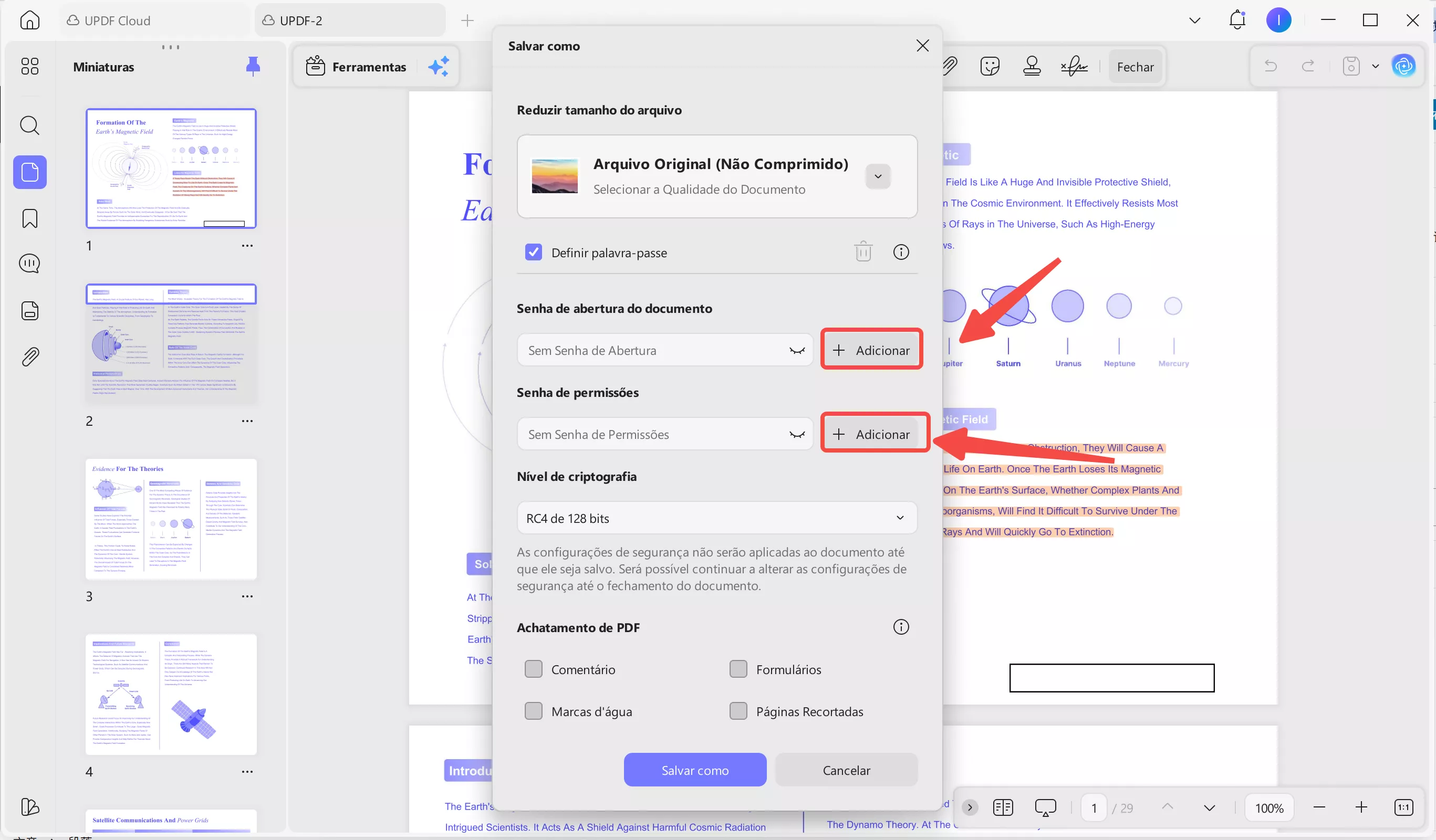 Adicionar senha de abertura e de permissões.